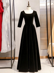 A-Line Black Velvet Square Short Sleeve Prom Dress