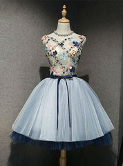 A-Line Blue Tulle Appliques Backless Homecoming Dress