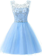 A-Line Blue Tulle Beading Backless Homecoming Dress