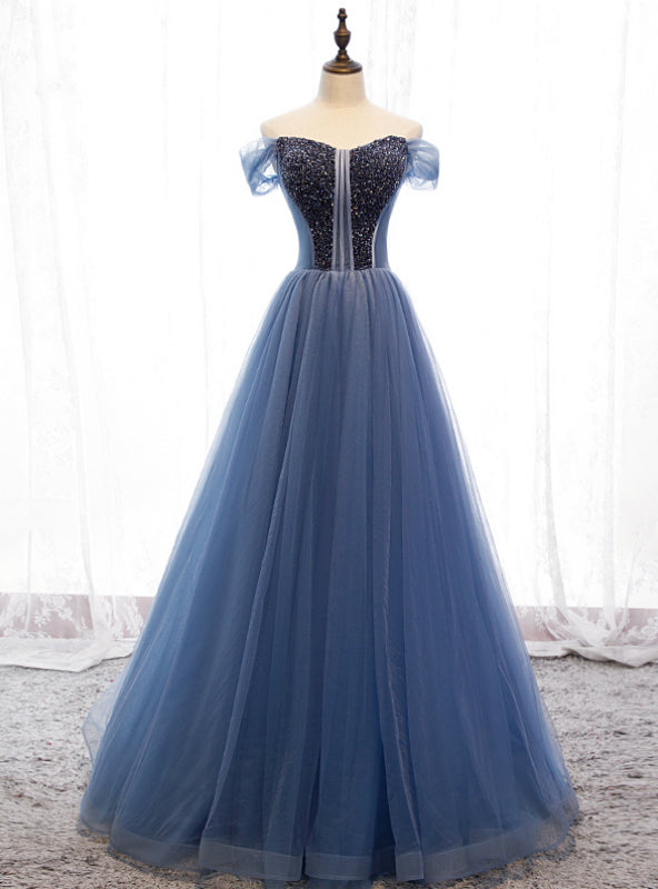 A-Line Blue Tulle Off the Shoulder Beading Prom Dress