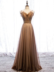 A-Line Brown Tulle Spagehtti Straps Beading Sequins Prom Dress