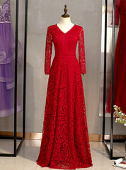 A-Line Burgundy Lace V-neck Long Sleeve Prom Dress