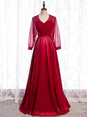 A-Line Burgundy Satin Long Sleeve V-neck Prom Dress