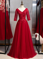 A-Line Burgundy Tulle Lace Appliques Short Sleeve Prom Dress