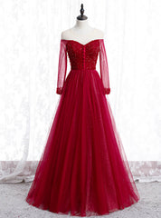 A-Line Burgundy Tulle Long Sleeve Backless Prom Dress With Beading