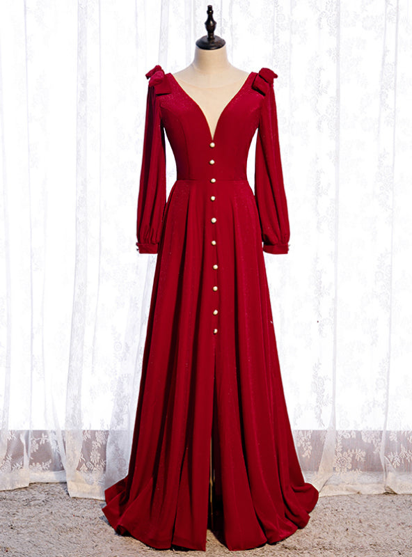 A-Line Burgundy Velvet Long Sleeve Prom Dress With Split