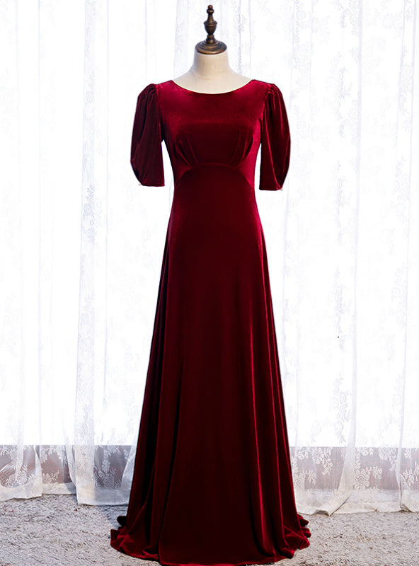 A-Line Burgundy Velvet Short Sleeve Pleats Prom Dress