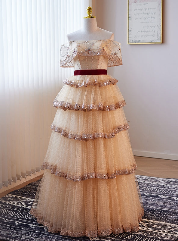 A-Line Champagne Tulle Sequins Beading Off the Shoulder Prom Dress