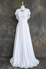 A-Line Chiffon Satin Ruffles Sheath V-Neck Long Bridesmaid Dress with Short Sleeves