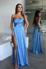 A Line Cowl Neck Blue Silk Saitn Bridesmaid Dresses with Slit