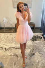 A-line Deep V Neck Tulle Homecoming Dress with Feathers