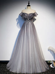 A-Line Gray Tulle Beading Cap Sleeve Prom Dress