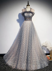 A-Line Gray Tulle Pleats Beading Prom Dress