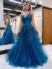 A Line Ink Blue Glitter Tulle Lace Prom Dress