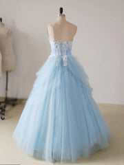 A-Line Lace Sweetheart Neck Blue Long Prom Dress