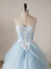 A-Line Lace Sweetheart Neck Blue Long Prom Dress