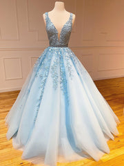 A Line Light Blue V Neck Lace Long Prom Dress