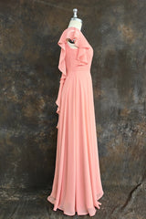 A-Line Light Coral Ruffled Flutter Sleeves Chiffon Bridesmaid Dress