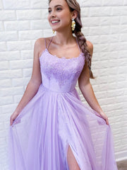 A Line Purple Backless Tulle Long Prom Dress