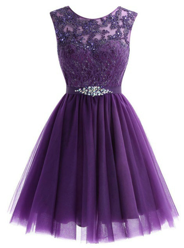 A-Line Purple Tulle Lace Apliques Beading Homecoming Dress