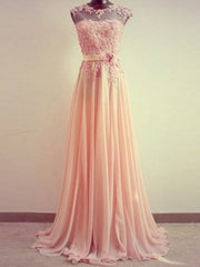 A-Line Round Neck Sweep Train Lace Coral Prom Dress, Formal Dresses, Lace Bridesmaid Dress