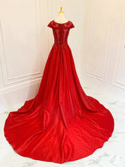 A-Line Scoop Neckline Satin Lace Burgundy Long Prom Dress, Burgundy Lace Long Formal Dress