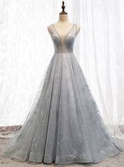 A-Line Silver Gray Tulle Sequins See Through V-neck Backless Prom Dress