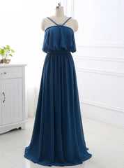 A-Line Sleeveless Open Back Sweep Train Formal Evening Dress