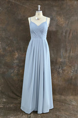 A-Line Spaghetti Straps Ruched Long Chiffon Bridesmaid Dress with Slit