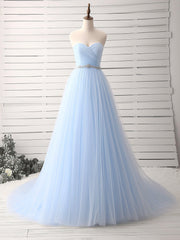 A-Line Sweetheart Neck Tulle Blue Long Prom Dress, Blue Long Bridesmaid Dress