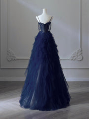 A-Line Sweetheart Neck Tulle Dark Blue Long Prom Dress, Dark Blue Long Graduation Dress with Beads