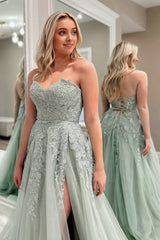 A-Line Sweetheart Sage Green Tulle Lace Long Prom Dresses