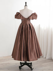 A-Line Tea length Brown Prom dresses, Off Shoulder Brown Formal Dress with Beading