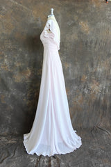 A-line V-Neck Flutter Sleeves Bridesmaid Dress Floor-Length Chiffon Wedding Dress With Ruffle