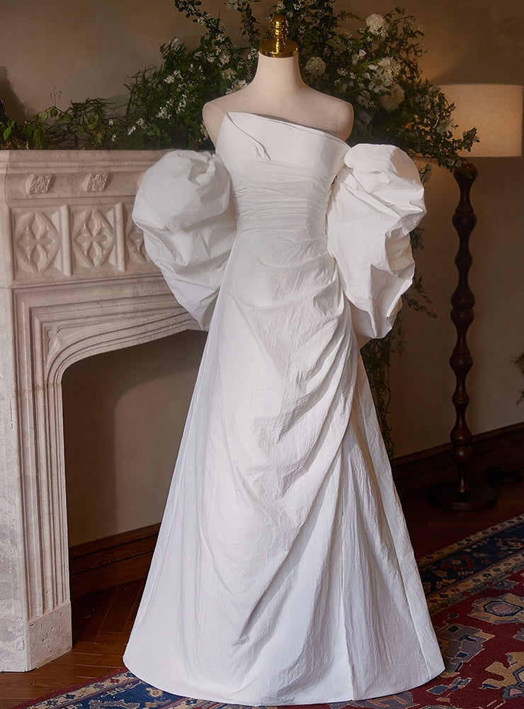 A-line White Pleats Long Wedding Dress