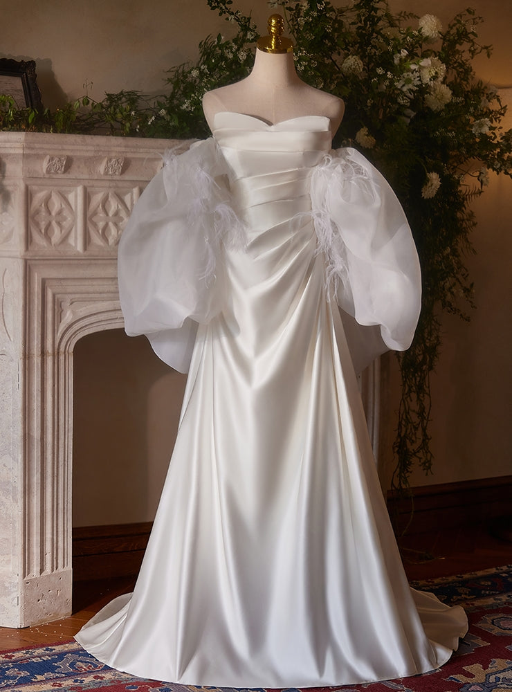 A-line White Satin Pleats Wedding Dress