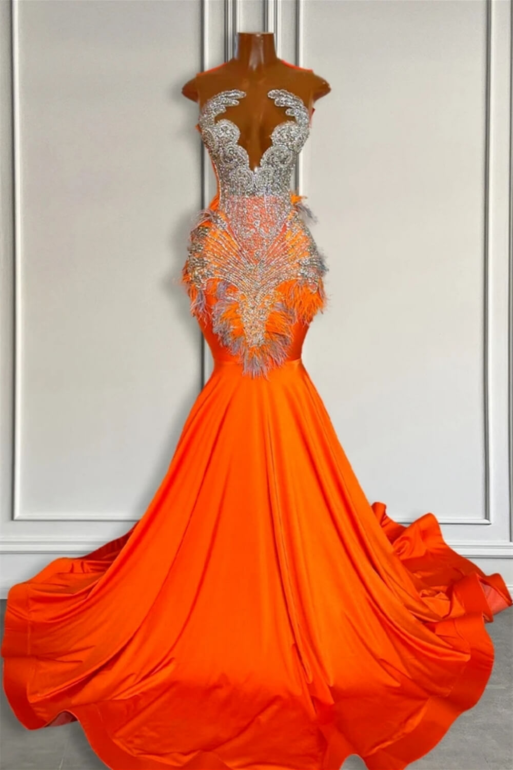 Orange Sleeveless Illusion Mermaid Prom Dresses With Beadings and Feather