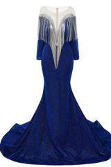 Deep V-neck Shiny Royal Blue Long sleeves Mermaid Prom Dress