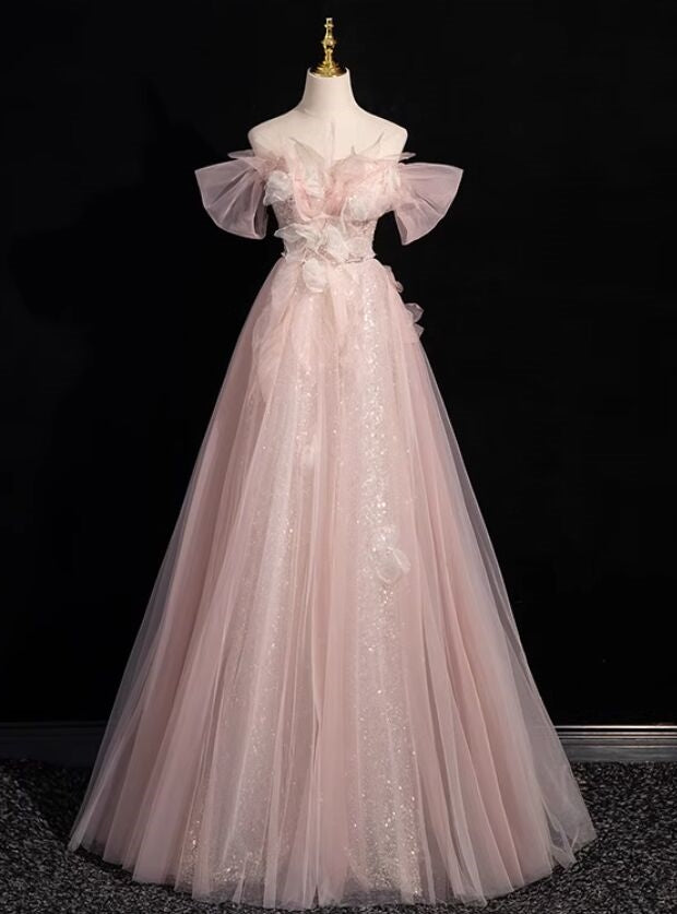 Advanced Pink Tulle Sequins Off the Shoulder Prom Dress