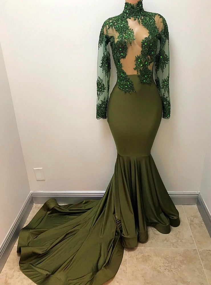 African Mermaid Green Sheer Corset Long Sleeves Evening Dress