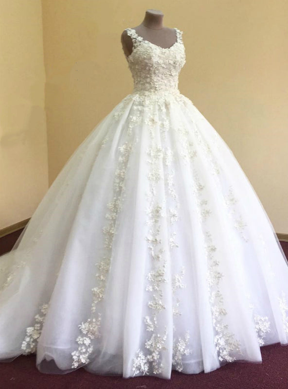 Ball Gown Appliques Flower Long Tulle Bridal Wedding Dress