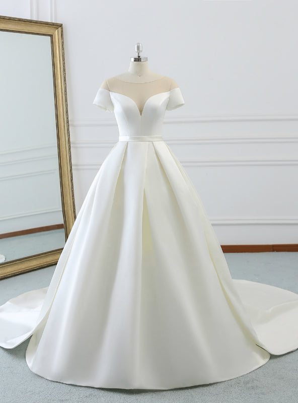 Ball Gown White Satin Scoop Neck Short Satin Wedding Dress