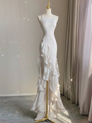 Beige White Sheath Halter Backless Wedding Dress