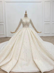 Best Discount And High Quality Light Champagne Tulle Sequins Long Sleeve Beading Wedding Dress