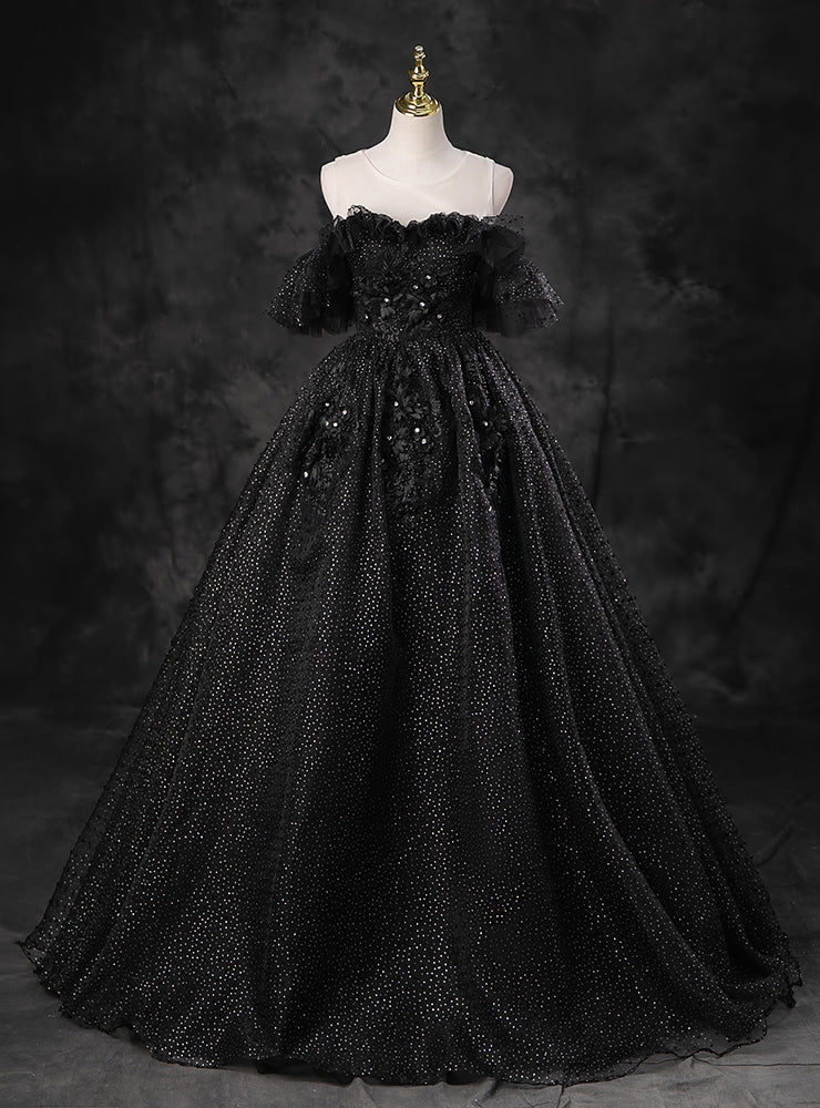 Black Ball Gown Appliques Beading Quinceanera Dress