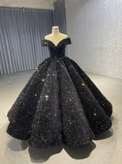 Black Ball Gown Sequins Off the Shoulder prom Dress