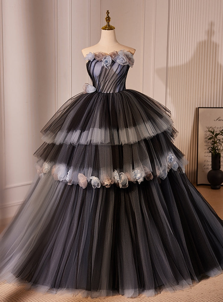 Black Ball Gown Strapless Flower Pleats Prom Dress