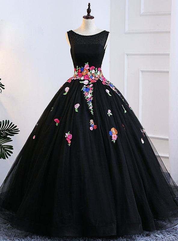 Black Ball Gown Tulle Bateau Backless Appliques Sweet 16 Dresses