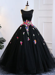 Black Ball Gown Tulle Bateau Backless Appliques Sweet 16 Dresses