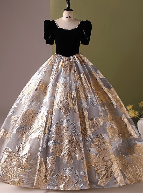 Black Ball Gown Velvet Short Sleeve Quinceanera Dress